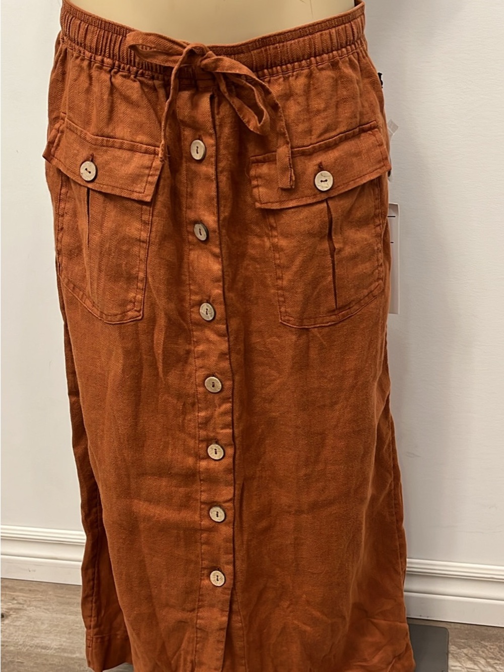 Rust Button-Front Cargo Midi/Long Skirt with Pockets